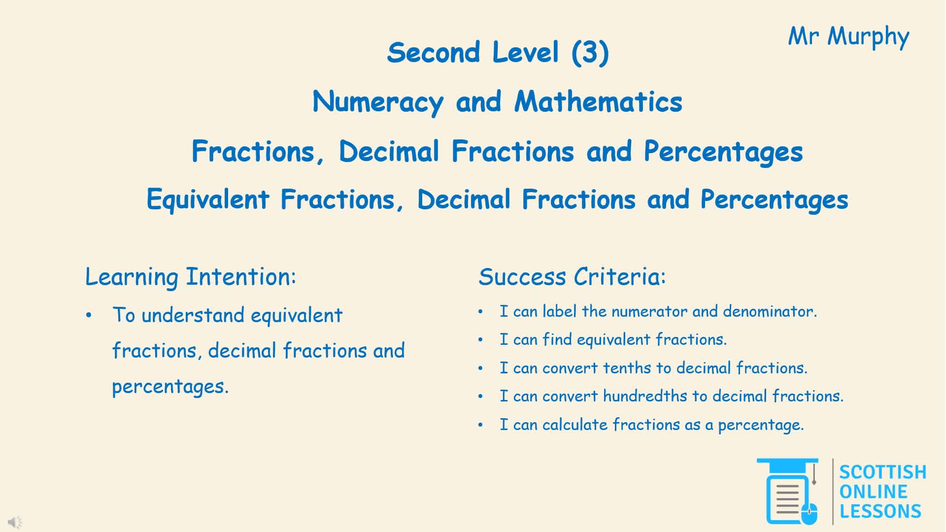 Equivalent Fractions, Decimal Fractions and Percentages