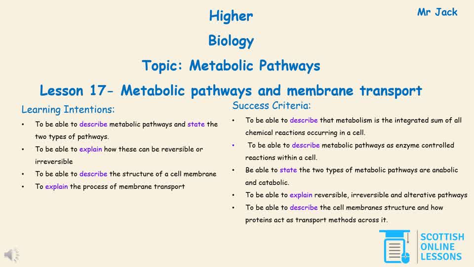 Metabolic Pathways and Membrane Transport