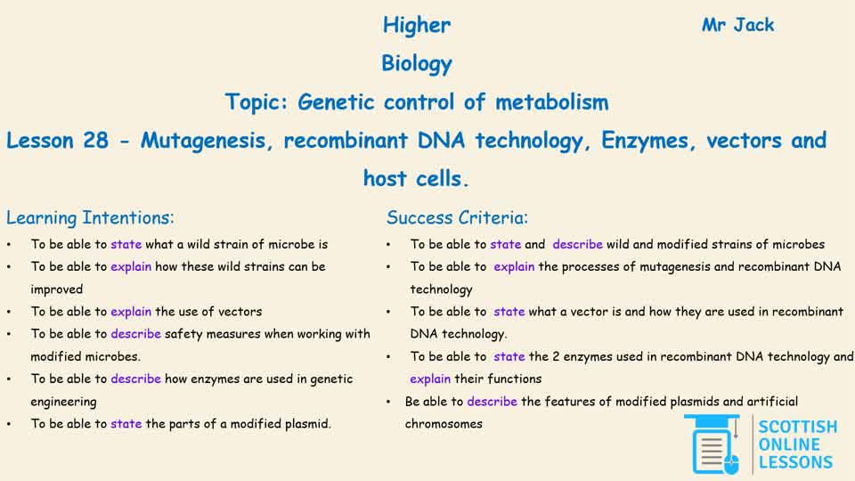 Mutagenesis, Recombinant DNA Technology, Enzymes, Vectos and Host Cells