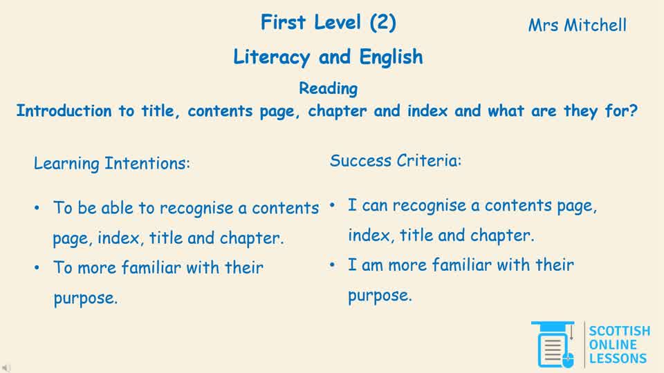 Introduction to Title, Contents Page, Chapter and Index and What are they for? 