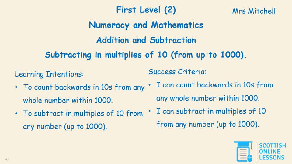 Subtracting in Multiples of 10 (from up to 1000)