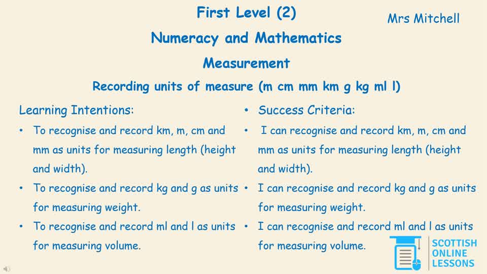 Recording Units of Measure (m cm mm km g kg ml l)