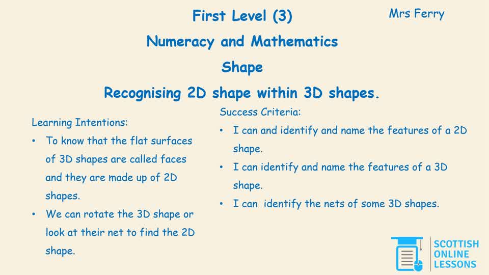 Recognise 2D Shapes within 3D Shapes.
