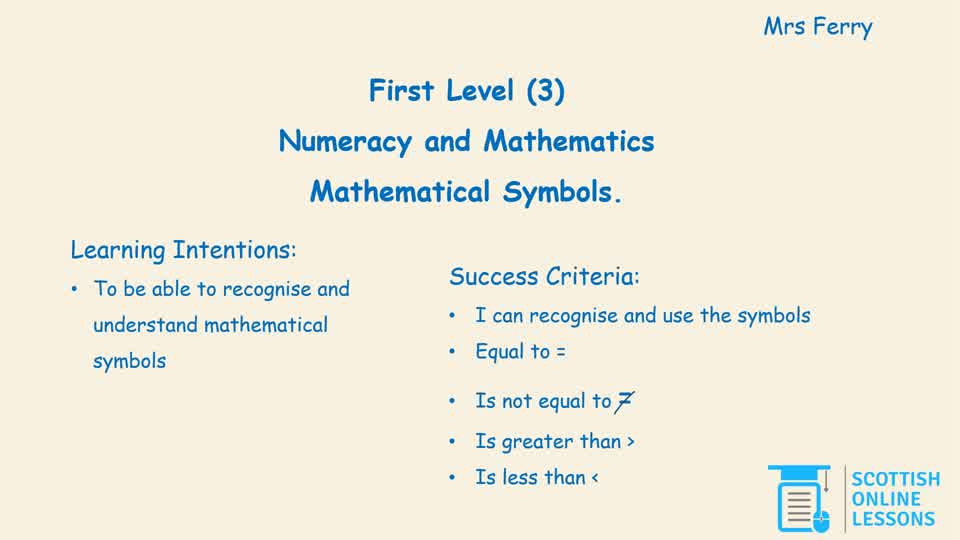 I can use the Symbols Greater than, Less than, Equal to/not Equal to in Simple Equations