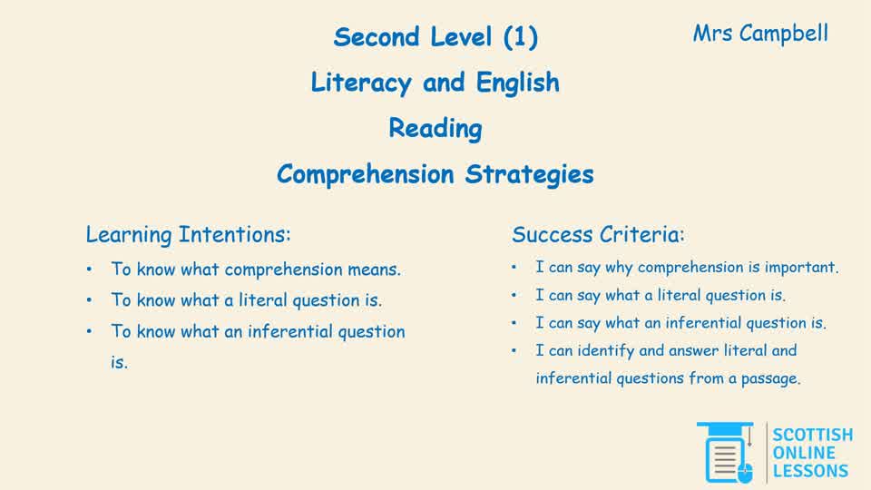 Comprehension Strategies Literal and Inferential Questions