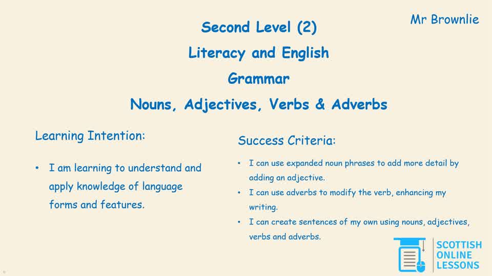Nouns, Verbs, Adjectives and Adverbs.