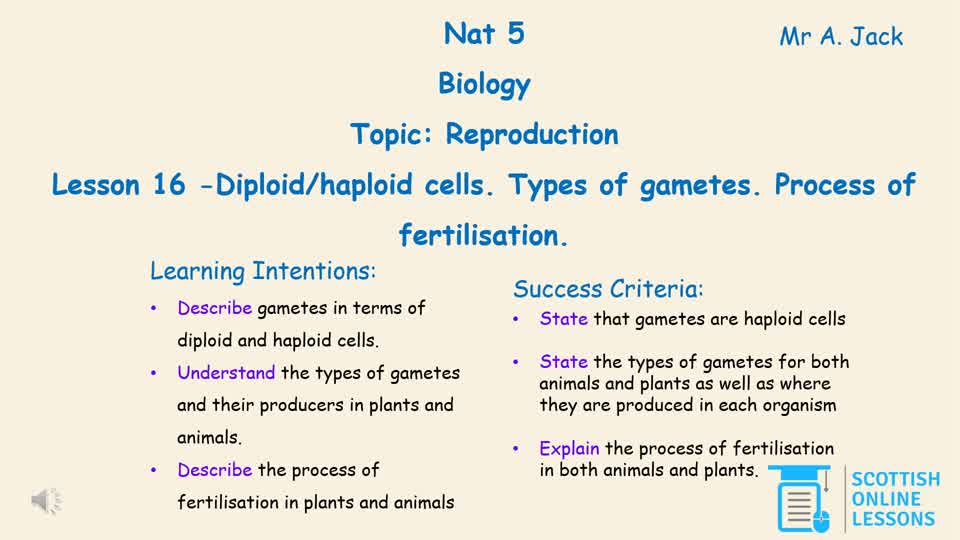 Diploid/Haploid Cells. Types of Gametes. Process of Fertilisation.