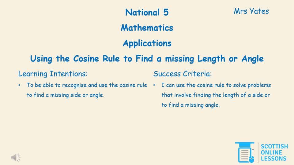 Finding the Cosine Rule for Length of Side and Angle.