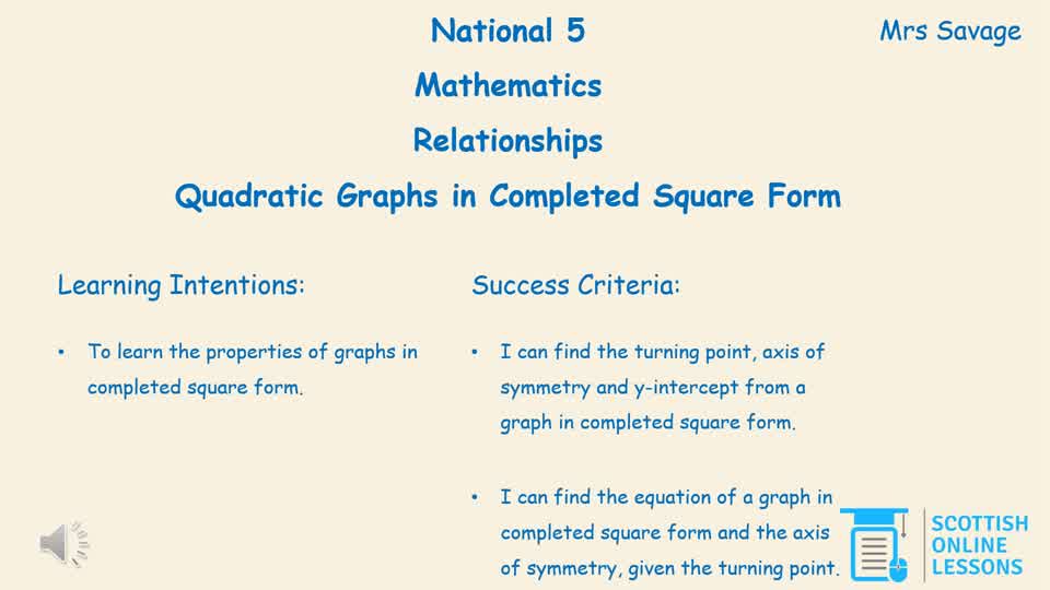 Quadratic Graphs (in Completed Square Form).